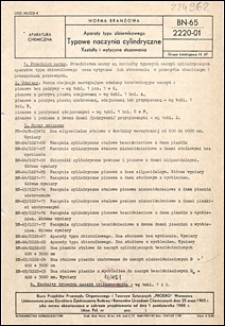 Aparaty typu zbiornikowego - Typowe naczynia cylindryczne - Kształty i wytyczne stosowania BN-65/2220-01 / Biuro Projekt&oacute;w Przemysłu Organicznego i Tworzyw Sztucznych &rdquo;PROERG&rdquo; Warszawa.