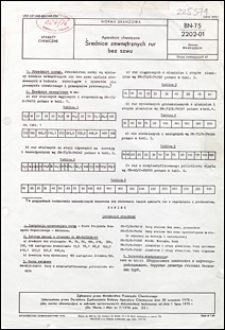 Aparatura chemiczna - Średnice zewnętrznych rur bez szwu BN-75/2202-01 / Instytucja opracowująca normę: Biuro Projekt&oacute;w Przemysłu Organicznego, Warszawa.