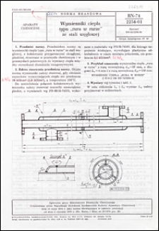 Wymienniki ciepła typu "rura w rurze" ze stali węglowej BN-74/2254-01 / autor projektu normy - Bolesław Szatański ; instytucja opracowująca normę - Biuro Projekt&oacute;w Przemysłu Organicznego, Warszawa.