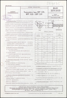 Tranzystory typu BFP 519, BFP 520 i BFP 521 BN-81/3375-31.03 / instytucja opracowująca normę - Naukowo-Produkcyjne Centrum P&oacute;łprzewodnik&oacute;w, Warszawa.