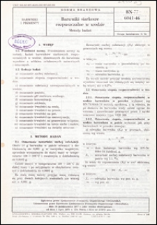 Barwniki siarkowe rozpuszczalne w wodzie - Metody badań BN-77/6041-46 / autor projektu normy - Jadwiga Pliszkiewicz ; instytucja opracowująca normę - Ośrodek Badawczo-Rozwojowy Przemysłu Barwnik&oacute;w ORGANIKA.