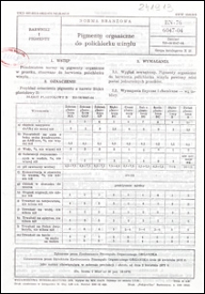 Pigmenty organiczne do polichlorku winylu BN-76/6047-04 / autor projektu normy - Anna Siwek ; instytucja opracowująca normę - Wolskie Zakłady Przemysłu Barwnik&oacute;w.