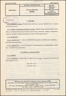 Żywice lakiernicze - Baltole BN-75/6111-07 / autor projektu normy - Stanisława R&oacute;żak ; instytucja opracowująca normę - Zakłady Tworzyw Sztucznych ERG w Pustkowie.