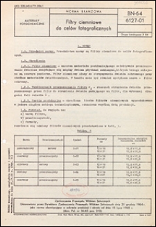 Filtry ciemniowe do cel&oacute;w fotograficznych BN-64/6127-01 / Zjednoczenie Przemysłu Wł&oacute;kien Sztucznych.