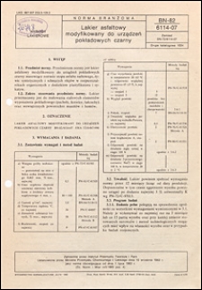 Lakier asfaltowy modyfikowany do urządzeń pokładowych czarny BN-82/6114-07 / autor projektu normy - S. I. Sowińska ; instytucja opracowująca normę - POLIFARB-OLIVA, Zakłady Farb w Gdyni.