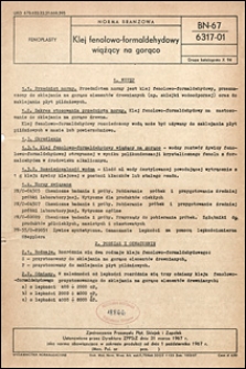Klej fenolowo-formaldehydowy wiążący na gorąco BN-67/6317-01 / Zjednoczenie Przemysłu Płyt, Sklejek i Zapałek.