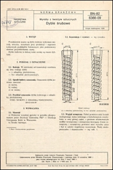 Wyroby z tworzyw sztucznych - Dyble śrubowe BN-82/6366-09 / autorzy projektu normy - Janina Kruk, Olecha Czerner ; instytucja opracowująca normę - Zakłady Tworzyw Sztucznych KRYWAŁD-ERG w Knurowie.