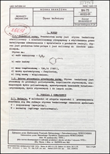 Styren techniczny BN-75/6022-01 / instytucja opracowująca normę - Zakłady Chemiczne OŚWIĘCIM w Oświęcimiu.