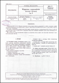 Wytyczne wyposażenia zecerni ręcznej Typ II BN-77/7418-05 / autorzy projektu normy - M. Druździel, J. Krukowski ; instytucja opracowująca normę - Ośrodek Badawczo-Rozwojowy Przemysłu Poligraficznego, Warszawa.
