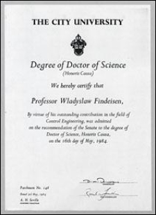 Kopia dyplomu nadania doktoratu honoris causa The City University of London prof. Władysławowi Findeisenowi