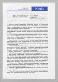 Politechnika: z przemówienia prof. dr. W. Findeisena na uroczystości nadania doktoratu honoris causa Politechniki Warszawskiej 24 lutego 1996 r.