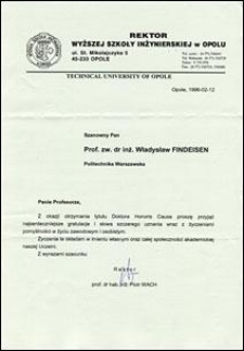 List gratulacyjny od Rektora Wyższej Szkoły Inżynierskiej w Opolu prof. Piotra Wacha do prof. Władysława Findeisena, z dnia 12.02.1996