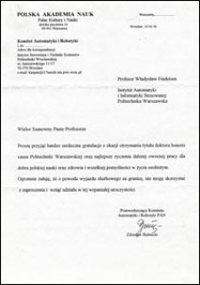 List gratulacyjny od Przewodniczącego Komitetu Automatyki i Robotyki PAN Zdzisława Bubnickiego do prof. Władysława Findeisena, z dnia 15.02.1996