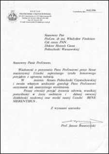 List gratulacyjny od Rektora Politechniki Częstochowskiej prof. Janusza Braszczyńskiego do prof. Władysława Findeisena, z dnia 19.02.1996