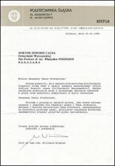 List gratulacyjny od Rektora Politechniki Śląskiej prof. Wilibalda Winklera do prof. Władysława Findeisena, z dnia 20.02.1996