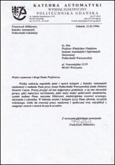 List gratulacyjny od prof. Franciszka Milkiewicza z Katedry Automatyki Wydziału Elektrycznego Politechniki Gdańskiej do prof. Władysława Findeisena, z dnia 21.02.1996