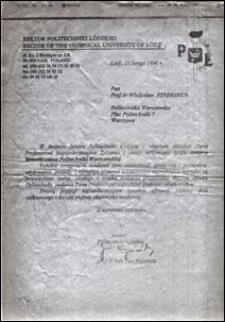 List gratulacyjny od Rektora Politechniki Ł&oacute;dzkiej prof. Jana Krysińskiego do prof. Władysława Findeisena, z dnia 22.02.1996
