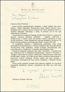 List gratulacyjny od Prezydenta m. st. Warszawy Marcina Święcickiego do prof. Władysława Findeisena, z dnia 24.02.1996