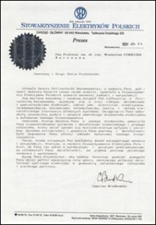 List gratulacyjny od Prezesa Stowarzyszenia Elektryków Polskich Cypriana Brudkowskiego do prof. Władysława Findeisena, z dnia 24.02.1996