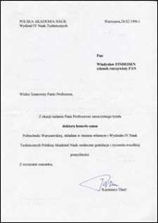 List gratulacyjny od prof. Kazimierza Thiela z Polskiej Akademii Nauk do prof. Władysława Findeisena, z dnia 24.02.1996