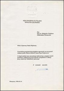 List gratulacyjny od Ministra Łączności Rzeczypospolitej Polskiej Andrzeja Zielińskiego do prof. Władysława Findeisena, z dnia 24.02.1996