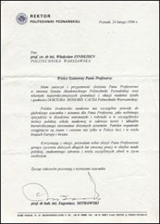 List gratulacyjny od Rektora Politechniki Poznańskiej prof. Eugeniusza Mitkowskiego do prof. Władysława Findeisena, z dnia 24.02.1996