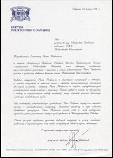 List gratulacyjny od Rektora Politechniki Gdańskiej prof. Edmunda Wittbrodta do prof. Władysława Findeisena, z dnia 24.02.1996