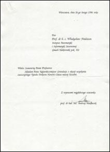 List gratulacyjny od prof. Andrzeja Makowskiego do prof. Władysława Findeisena, z dnia 26.02.1996