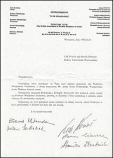 Kopia listu gratulacyjnego od członków Stowarzyszenia „Klub Senatorski” do Rektora Politechniki Warszawskiej prof. Marka Dietricha, z dnia 26.02.1996