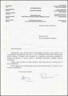 List gratulacyjny od Prezesa Stowarzyszenia „Klub Senatorski” Senatora Lecha Kozioła do prof. Władysława Findeisena, z dnia 26.02.1996