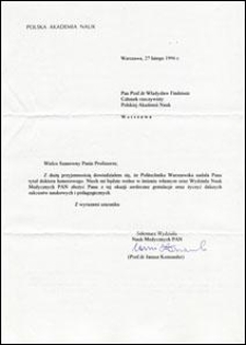 List gratulacyjny od Sekretarza Wydziału Nauk Medycznych PAN prof. Janusza Komendera do prof. Władysława Findeisena, 27.02.1996
