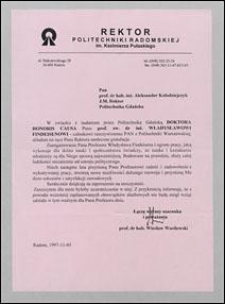 List gratulacyjny od Rektora Politechniki Radomskiej prof. Wiesława Wasilewskiego do Rektora Politechniki Gdańskiej prof. Aleksandra Kołodziejczyka, z dnia 05.11.1997