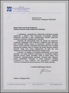 List gratulacyjny od Rektora Politechniki Krakowskiej prof. Kazimierza Flagi do prof. Władysława Findeisena, z dnia 5.11.1997