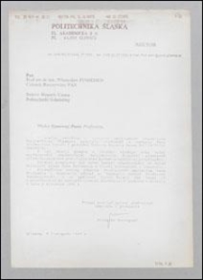 List gratulacyjny od Rektora Politechniki Śląskiej prof. Bolesława Pochopnia do prof. Władysława Findeisena, z dnia 05.11.1997