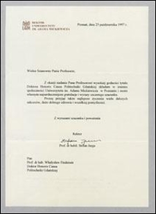 List gratulacyjny od Rektora Uniwersytetu im. Adama Mickiewicza w Poznaniu prof. Stefana Jurgi do prof. Władysława Findeisena, z dnia 23.10.1997
