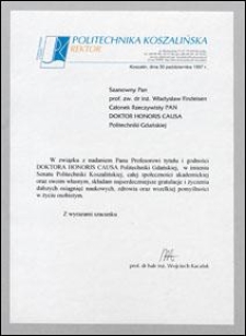 List gratulacyjny od Rektora Politechniki Koszalińskiej prof. Wojciecha Kacalaka do prof. Władysława Findeisena, w dniu 30.10.1997