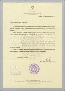 List gratulacyjny od Rektora Uniwersytetu Jagiellońskiego w Krakowie prof. Aleksandra Koja do prof. Władysława Findeisena, z dnia 27.10.1997