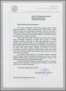 List gratulacyjny od Rektora Politechniki Warszawskiej prof. Jerzego Woźnickiego do prof. Władysława Findeisena, z dnia 05.11.1997