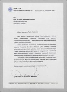 List gratulacyjny od Rektora Politechniki Poznańskiej prof. Eugeniusza Mitkowskiego do prof. Władysława Findeisena, z dnia 27.10.1997