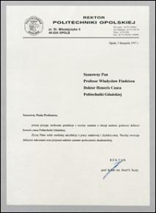 List gratulacyjny od Rektora Politechniki Opolskiej prof. Józefa S. Suchego do prof. Władysława Findeisena, z dnia 05.11.1997
