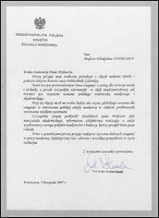 List gratulacyjny od Ministra Edukacji Narodowej prof. Mirosława Handkego do prof. Władysława Findeisena, z dnia 05.11.1997