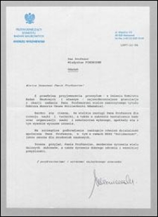 List gratulacyjny od Przewodniczącego Komitetu Badań Naukowych Andrzeja Wiszniewskiego do prof. Władysława Findeisena, z dnia 04.11.1997