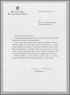 List gratulacyjny od Marszałka Sejmu Rzeczpospolitej Polskiej Macieja Płażyńskiego do prof. Władysława Findeisena, z dnia 31.10.1997
