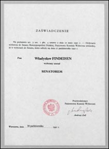Zaświadczenie o wyborze prof. Władysława Findeisena na senatora w wyborach do Senatu Rzeczypospolitej Polskiej, z dnia 27 października 1991 r.