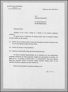 List Władysława Findeisena do Stanisława Stojanowskiego, z dnia 19 lutego 1993 r.