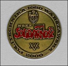 Medal upamiętniający XX-lecie Organizacji Zakładowej NSZZ „Solidarność” w Politechnice Warszawskiej 1980-2000, z tabliczką imienną i przypinką