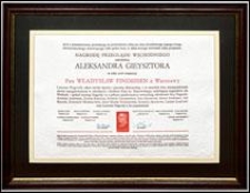 Dyplom przyznania Nagrody Przeglądu Wschodniego imienia Aleksandra Gieysztora
