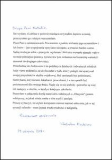 List od prof. Władysława Findeisena do Natalii W&oacute;jcik, z dnia 29 sierpnia 2018 r.