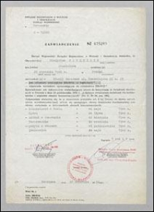 Zaświadczenie Związku Bojownik&oacute;w o Wolność i Demokrację nr 675209, wydane Władysławowi Findeisenowi w dniu 30 kwietnia 1982 roku