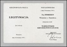 Legitymacja, poświadczająca odznaczenie Władysława Findeisena Warszawskim Krzyżem Powstańczym przez Prezydenta Rzeczypospolitej Polskiej Lecha Wałęsę